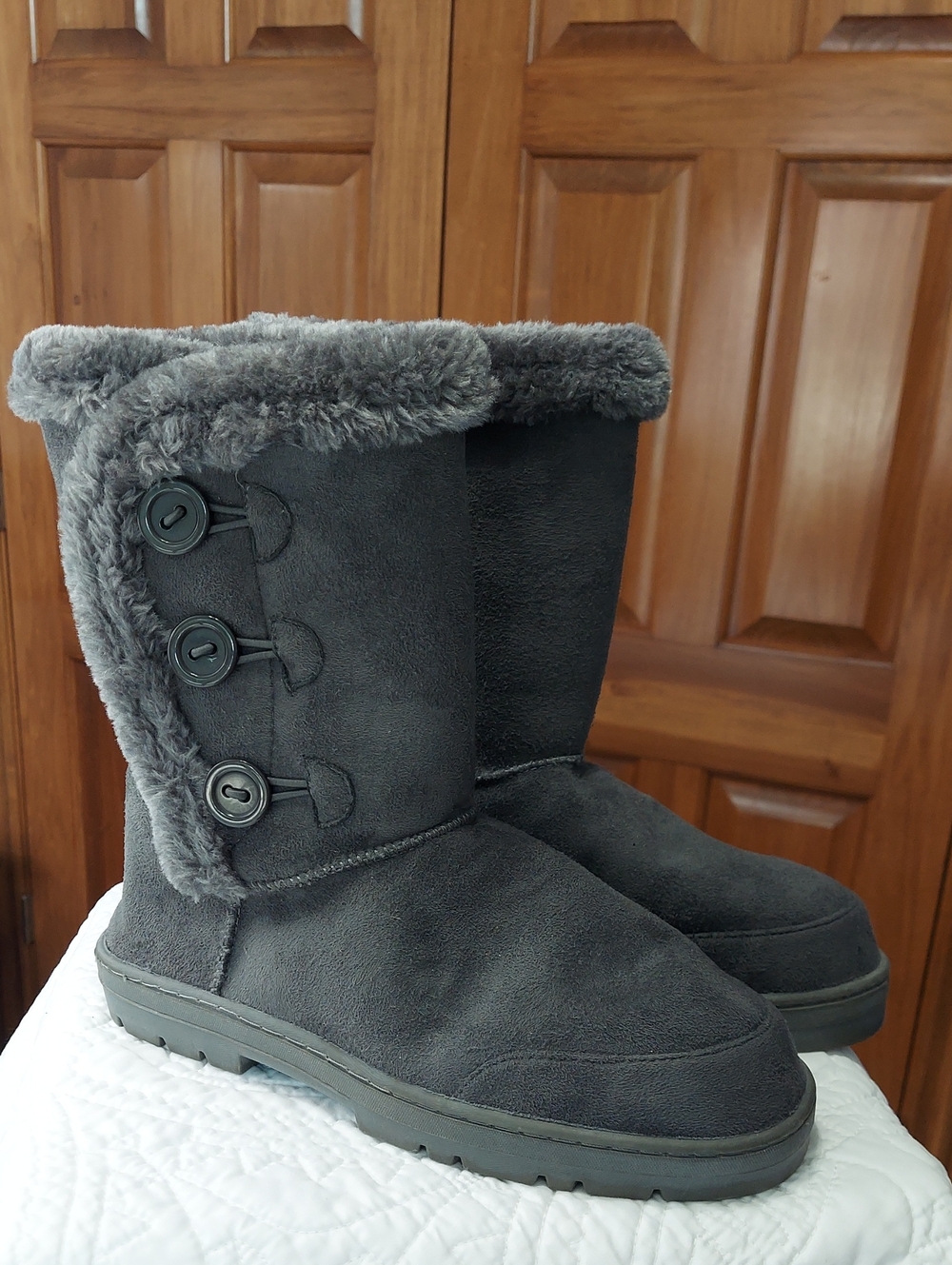 Women's Faux Suede Gray Comfy Winter Boots with Faux-Fur Trim, Mid Calf, Size 11